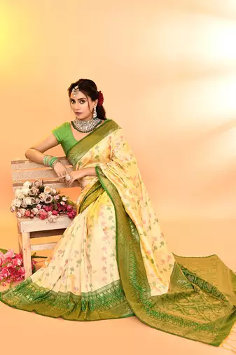 Elora pure soft silk woven designed banarasi saree (light yellow)