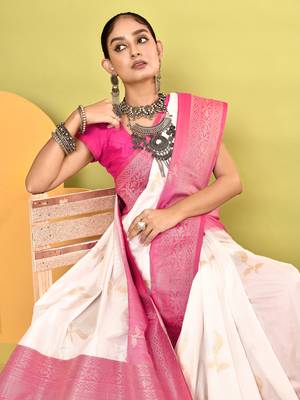 Elora pure soft silk banarasi weaving silk saree (white) 5