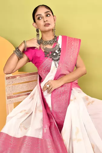 Elora pure soft silk banarasi weaving silk saree (white)
