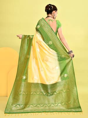 Elora pure soft silk banarasi weaving silk saree (light yellow) 4