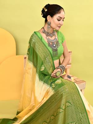 Elora pure soft silk banarasi weaving silk saree (light yellow) 5