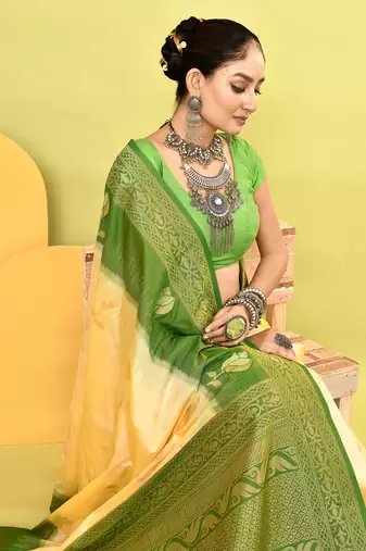 Elora pure soft silk banarasi weaving silk saree (light yellow)