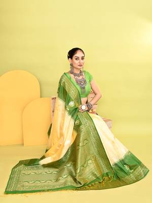 Elora pure soft silk banarasi weaving silk saree (light yellow) 6