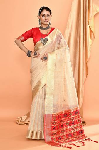 Elora pure linen silk ikat butti zari weaving saree (cream)