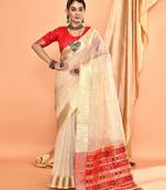 Elora pure linen silk ikat butti zari weaving saree (cream)