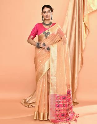 Elora pure linen silk ikat butti zari weaving saree (beige) 1
