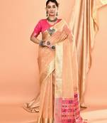 Elora pure linen silk ikat butti zari weaving saree (beige)