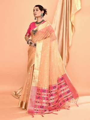 Elora pure linen silk ikat butti zari weaving saree (beige) 3