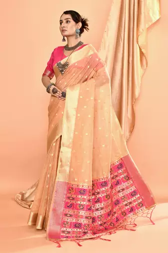 Elora pure linen silk ikat butti zari weaving saree (beige)