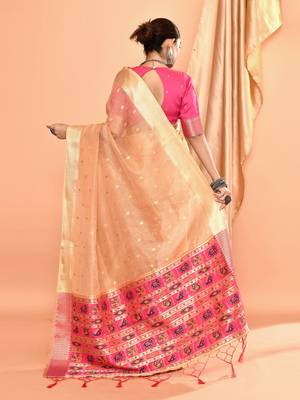 Elora pure linen silk ikat butti zari weaving saree (beige) 4