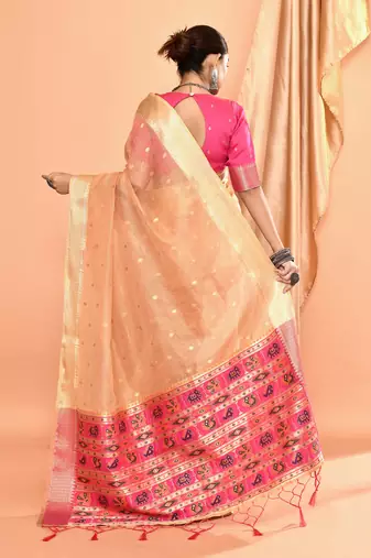 Elora pure linen silk ikat butti zari weaving saree (beige)