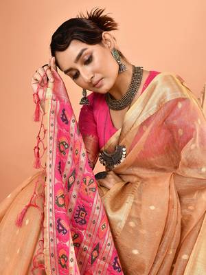 Elora pure linen silk ikat butti zari weaving saree (beige) 5