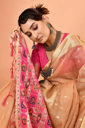 Elora pure linen silk ikat butti zari weaving saree (beige)