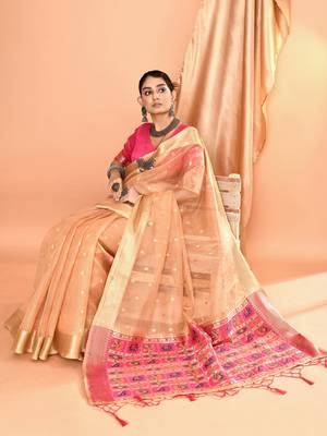 Elora pure linen silk ikat butti zari weaving saree (beige) 6