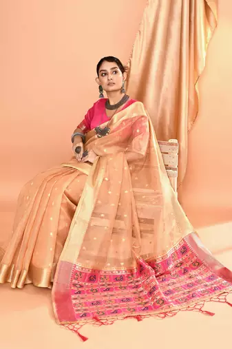 Elora pure linen silk ikat butti zari weaving saree (beige)