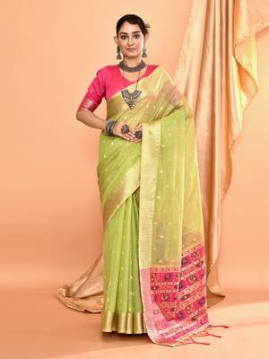 Elora pure linen silk ikat butti zari weaving saree (dusty green) 1