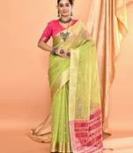 Elora pure linen silk ikat butti zari weaving saree (dusty green)