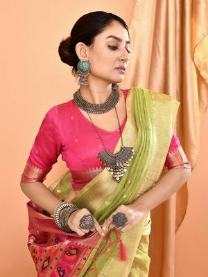 Elora pure linen silk ikat butti zari weaving saree (dusty green) 5