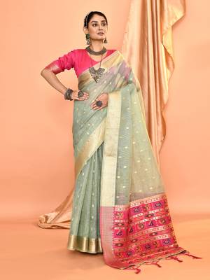 Elora pure linen silk ikat butti zari weaving saree (dusty blue) 1