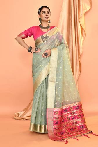 Elora pure linen silk ikat butti zari weaving saree (dusty blue)
