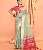 Elora pure linen silk ikat butti zari weaving saree (dusty blue)