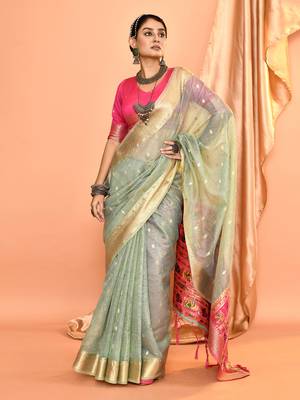 Elora pure linen silk ikat butti zari weaving saree (dusty blue) 3