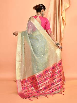 Elora pure linen silk ikat butti zari weaving saree (dusty blue) 4