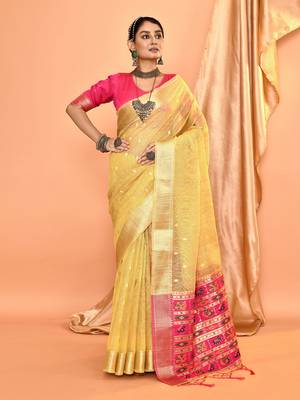 Elora pure linen silk ikat butti zari weaving saree (dusty yellow) 1