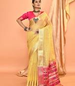Elora pure linen silk ikat butti zari weaving saree (dusty yellow)