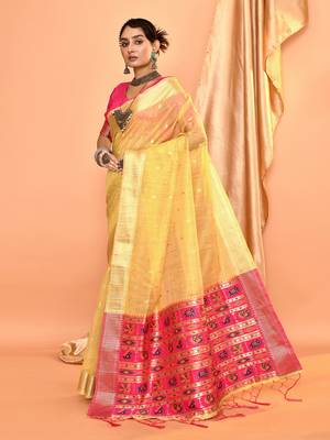 Elora pure linen silk ikat butti zari weaving saree (dusty yellow) 3