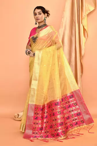 Elora pure linen silk ikat butti zari weaving saree (dusty yellow)