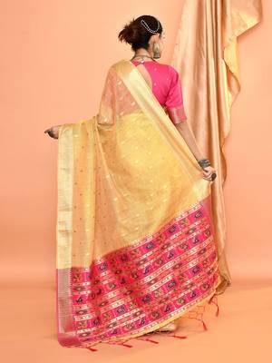 Elora pure linen silk ikat butti zari weaving saree (dusty yellow) 4