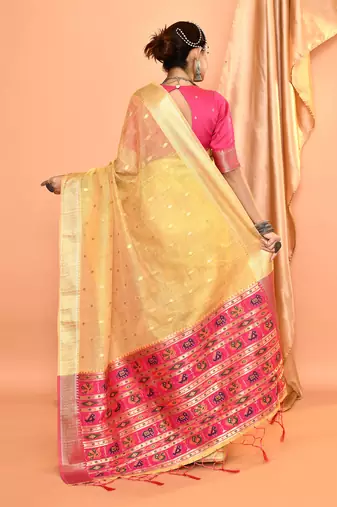Elora pure linen silk ikat butti zari weaving saree (dusty yellow)