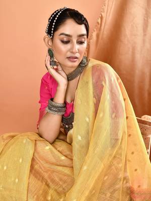 Elora pure linen silk ikat butti zari weaving saree (dusty yellow) 5
