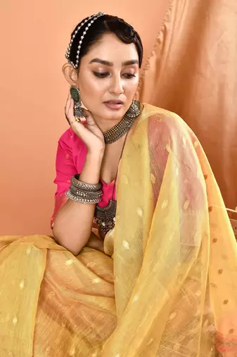 Elora pure linen silk ikat butti zari weaving saree (dusty yellow)