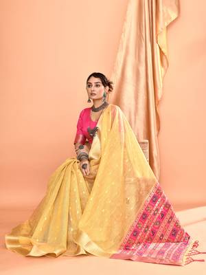 Elora pure linen silk ikat butti zari weaving saree (dusty yellow) 6