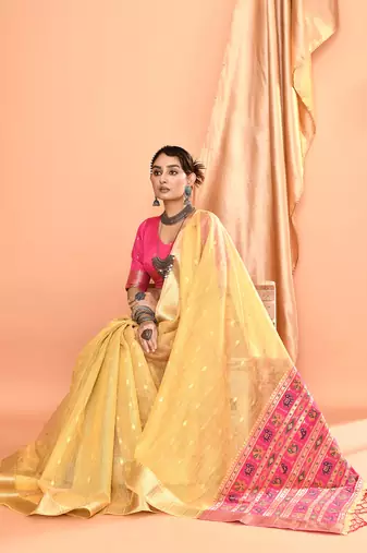 Elora pure linen silk ikat butti zari weaving saree (dusty yellow)