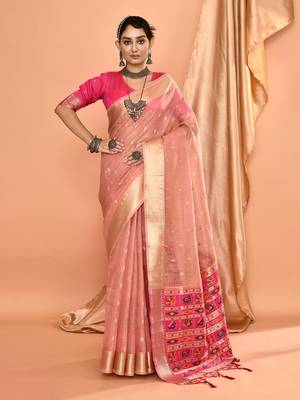 Elora pure linen silk ikat butti zari weaving saree (dusty pink) 1