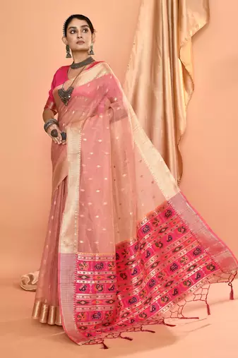 Elora pure linen silk ikat butti zari weaving saree (dusty pink)