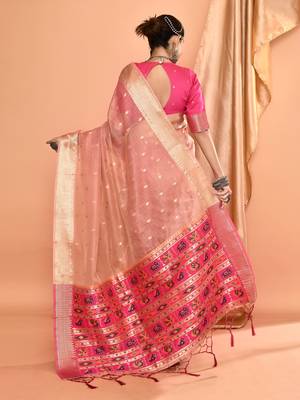 Elora pure linen silk ikat butti zari weaving saree (dusty pink) 4