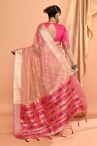 Elora pure linen silk ikat butti zari weaving saree (dusty pink)