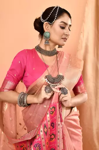 Elora pure linen silk ikat butti zari weaving saree (dusty pink)