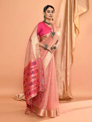 Elora pure linen silk ikat butti zari weaving saree (dusty pink) 6