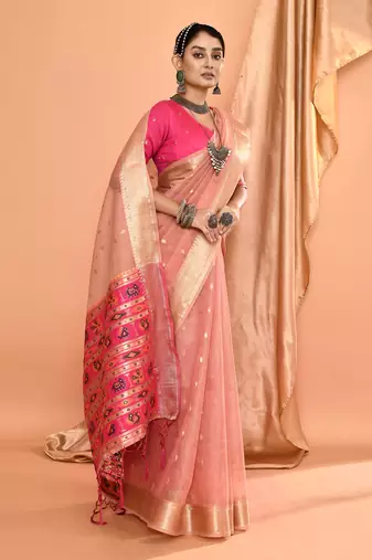 Elora pure linen silk ikat butti zari weaving saree (dusty pink)