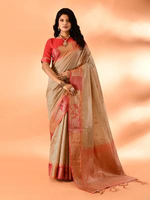 Elora pure cotton silk banarasi weaving saree (dark cream) 1