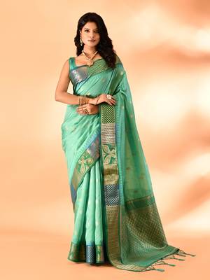 Elora pure cotton silk banarasi weaving saree (sea green) 1