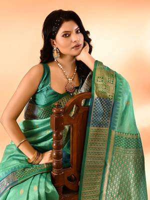 Elora pure cotton silk banarasi weaving saree (sea green) 5