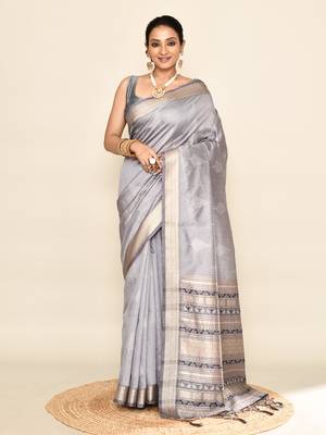 Elora soft silk leaf printed baluchari weaving saree (grey) 1