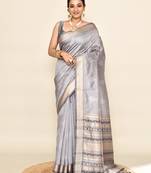 Elora soft silk leaf printed baluchari weaving saree (grey)