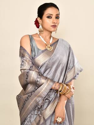 Elora soft silk leaf printed baluchari weaving saree (grey) 3